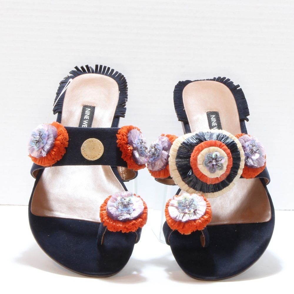 Nine West Womens' Sendran Navy Floral Open Toe Sandal NWT